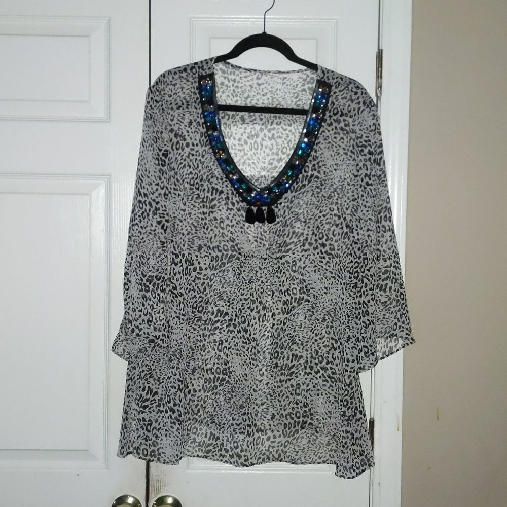 Sheer cheetah embellished neckline blouse
